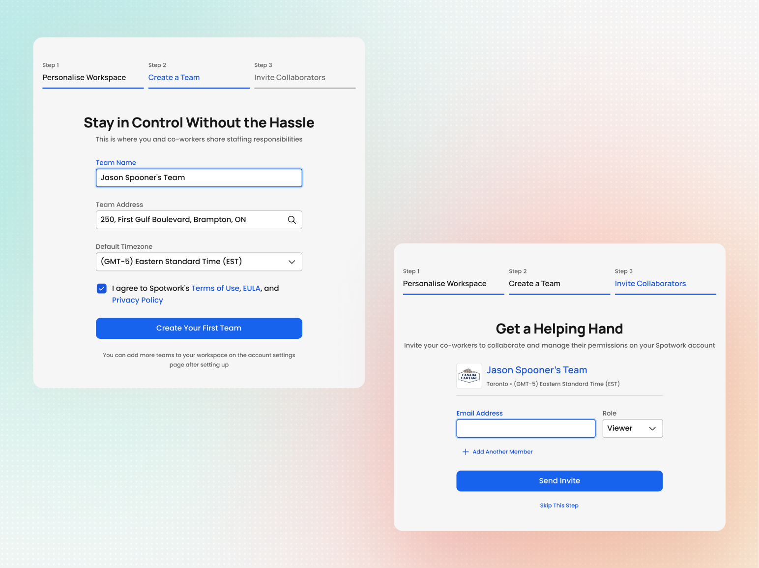 An image showing the second and third step of the onboarding process, that is, creating a team and inviting collaborators respectively.