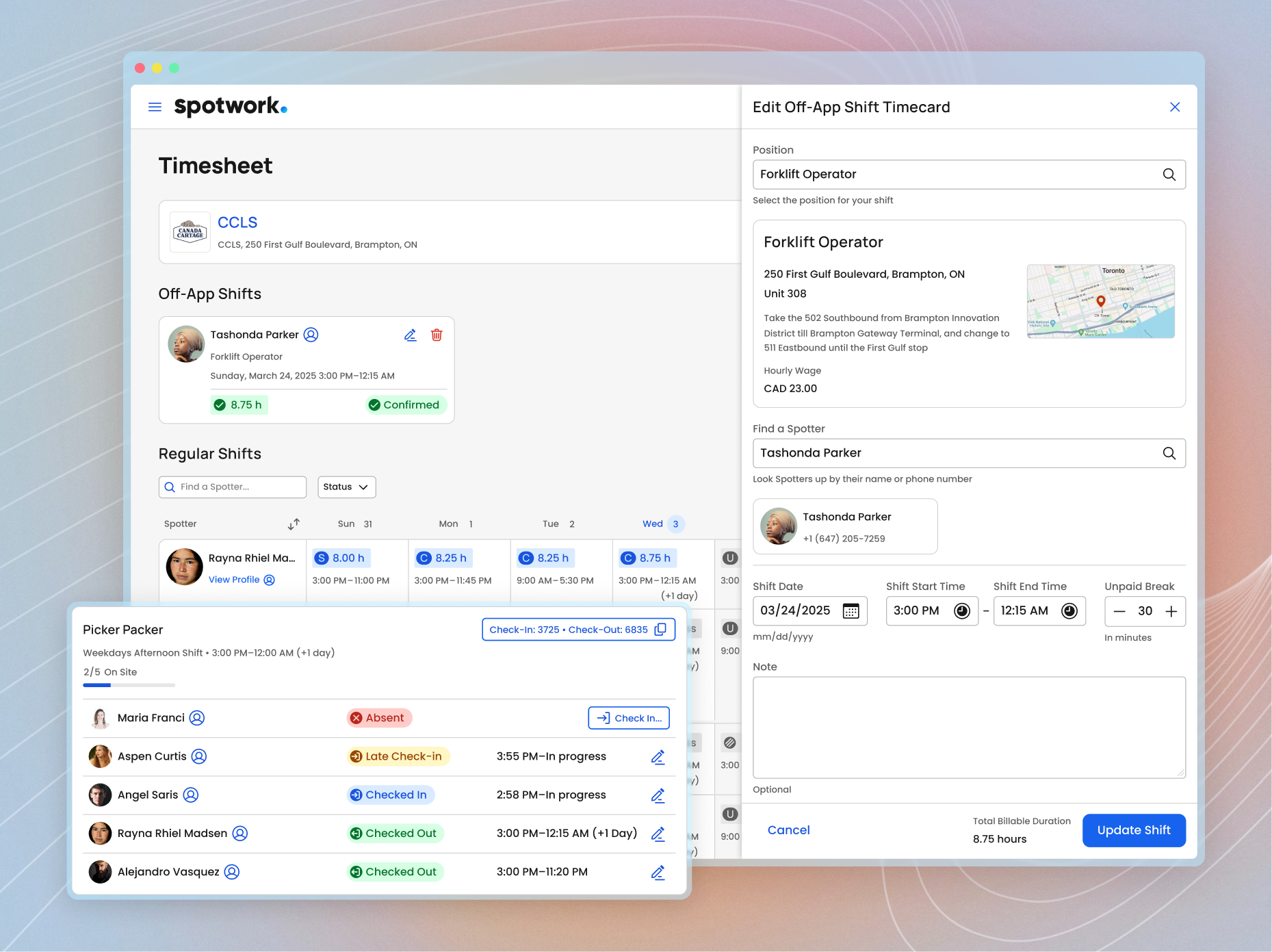 Cover Image: Depicts two screens—
1. The main screen shows the workflow to edit an off-app shift which allows finance team to adjust timesheets before generating invoices.
2. The screen in inset shows a card from the check-ins overview page listing all workers booked for a shift with their respective check-in statuses.