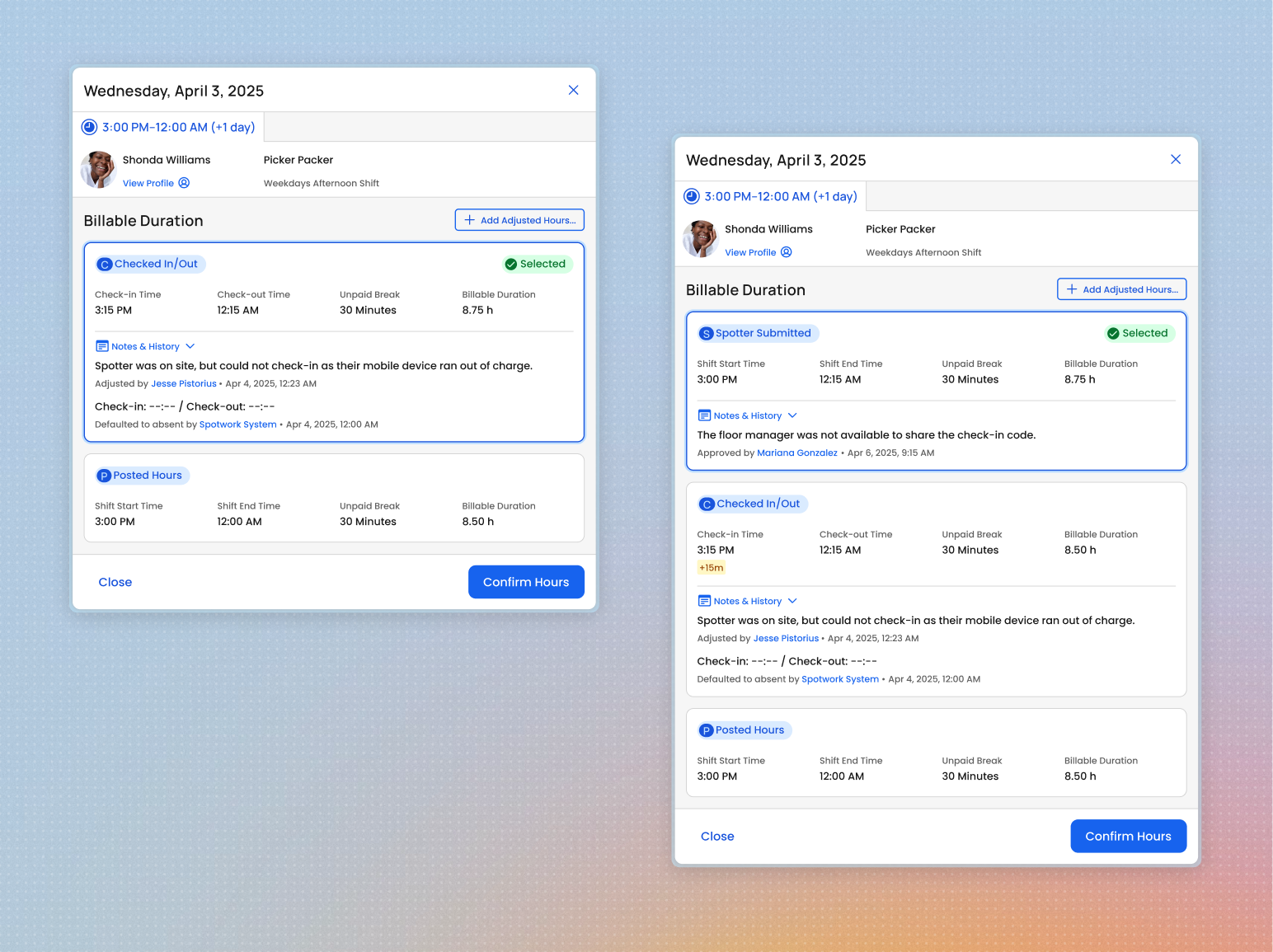 The image depicts two timecards resepctively presenting scenarios where a worker's check-in time is selected and one where their submitted time is selected. The distinction of statuses with properly tracked change history gives better audit visibility.