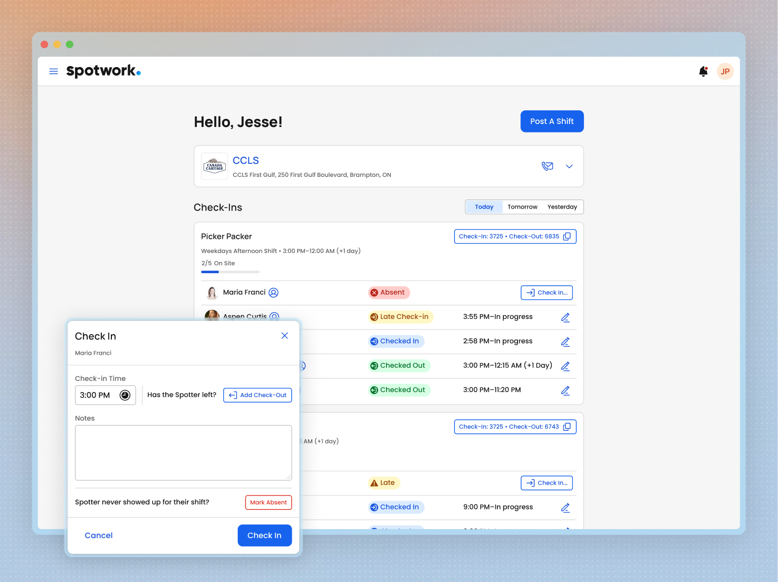 An image depicting the check-ins overview page. This gives the floor managers an overview of all workers booked for the shift and allows them to edit check-in times at their discretion using the overlay shown in the inset.