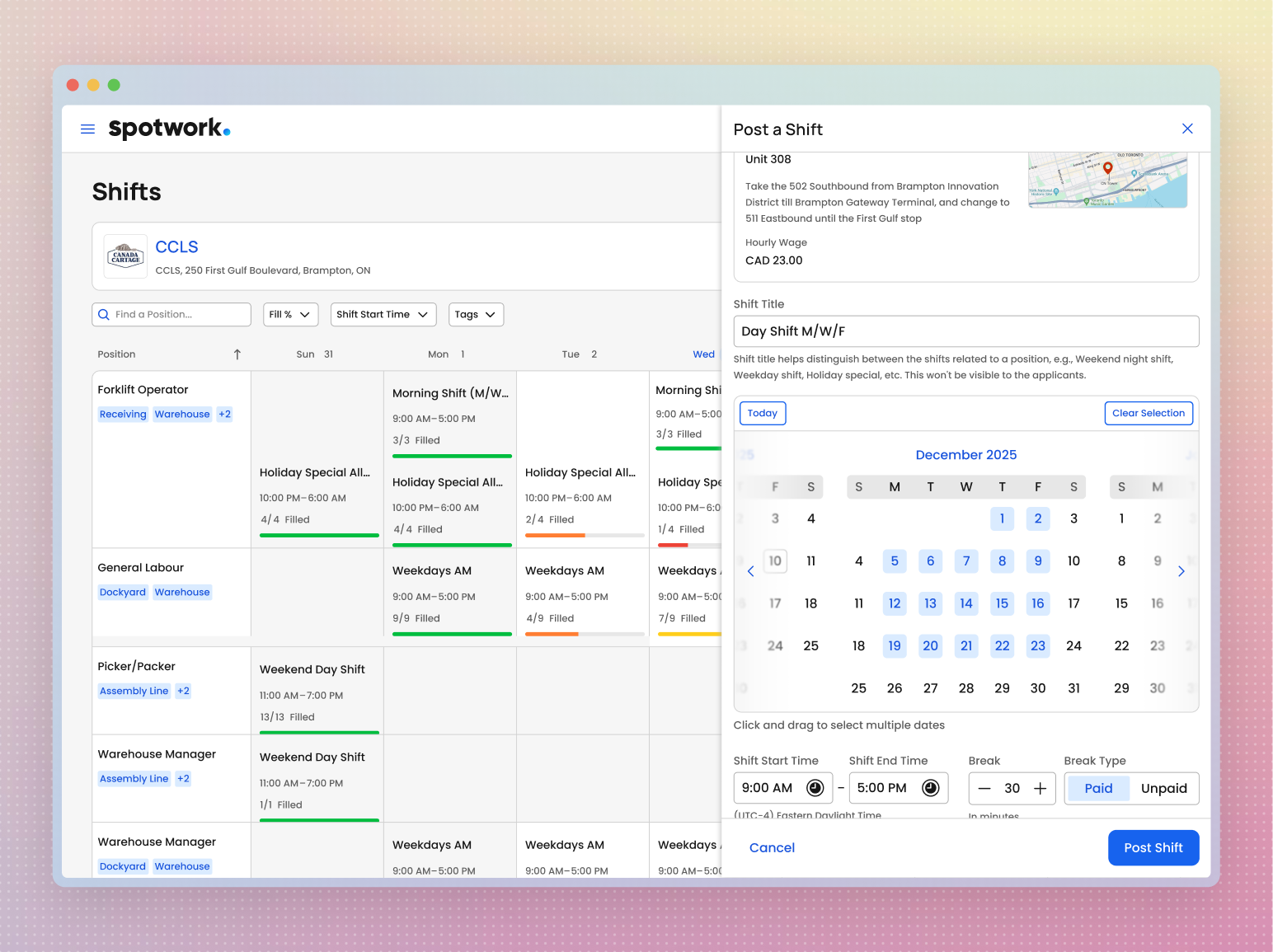 Final design of the post-a-shift form embedded within the shifts page, showing multiple calendar dates selected that could be posted in one action.