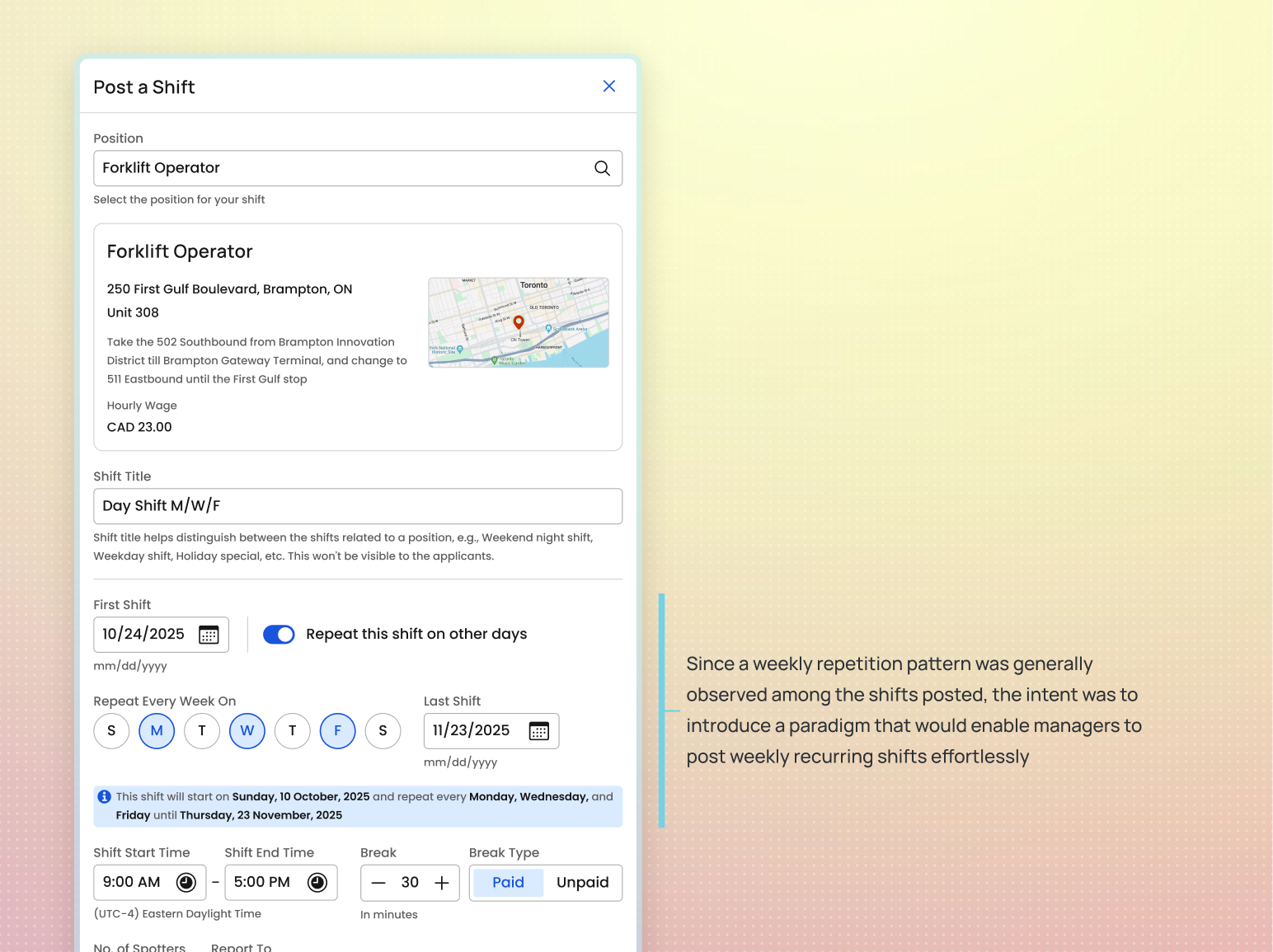 First version of the redesigned post-a-shift form introducing weekly repetition options, modeled after familiar scheduling app paradigms to simplify posting repeating shifts