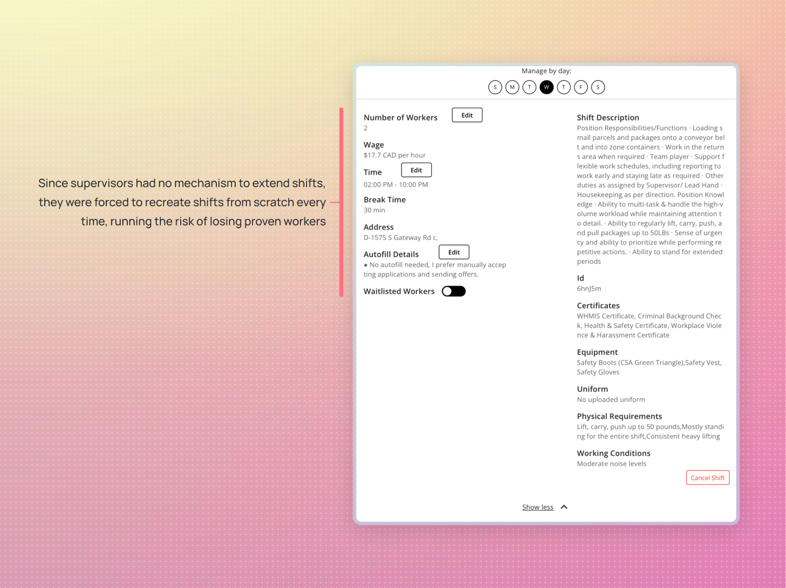 Job summary screen depicting absence of an option to extend shifts, requiring supervisors to post new shifts each time and risking the loss of proven workers