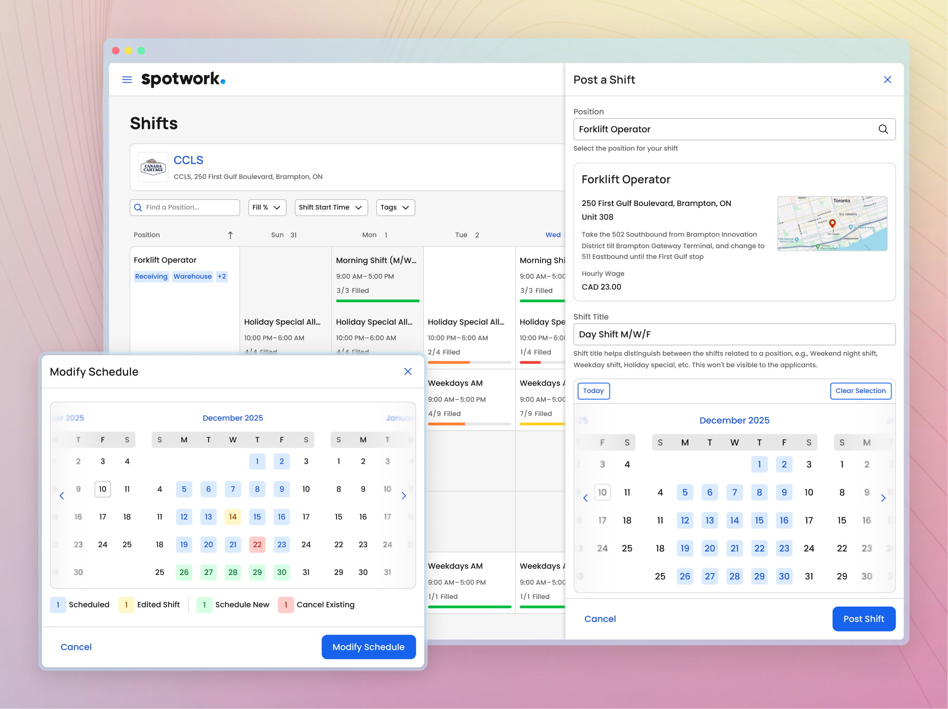 Cover image showing the redesigned post-a-shift form embedded on the shifts page, alongside an inset of the modify schedule overlay, illustrating how managers can quickly post multiple shifts and effortlessly extend or adjust schedules