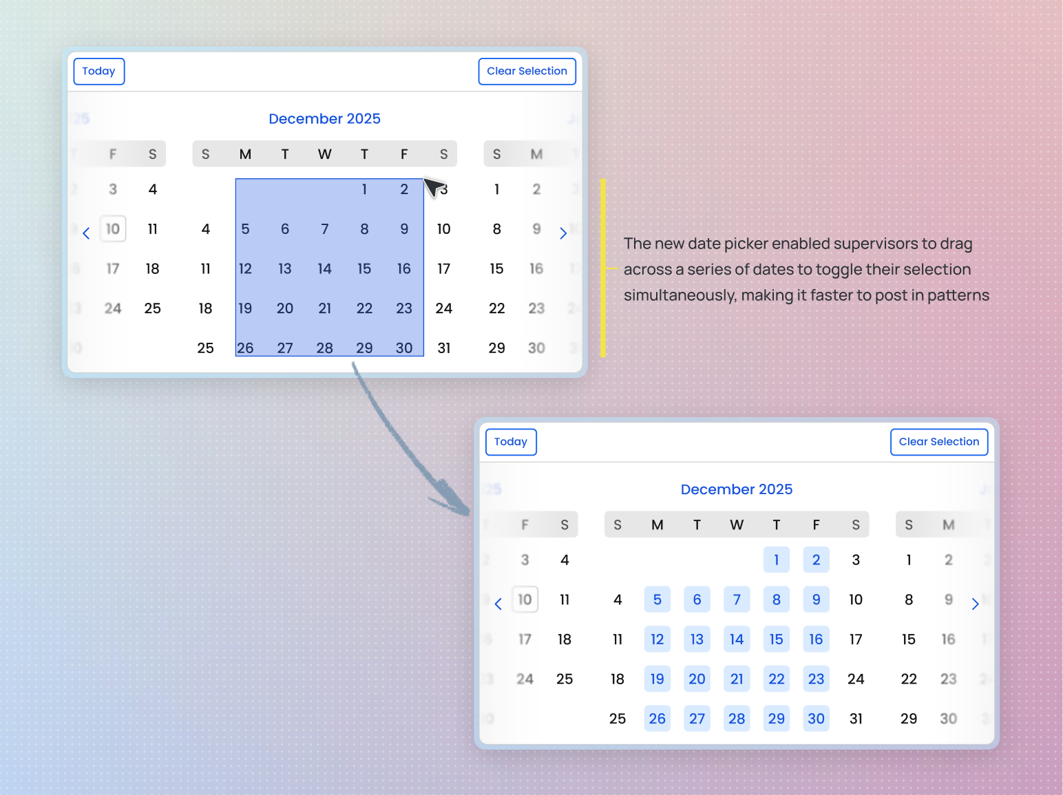 Calendar interface enabling supervisors to drag across multiple dates to quickly toggle selections, making it faster to select and schedule multiple shifts