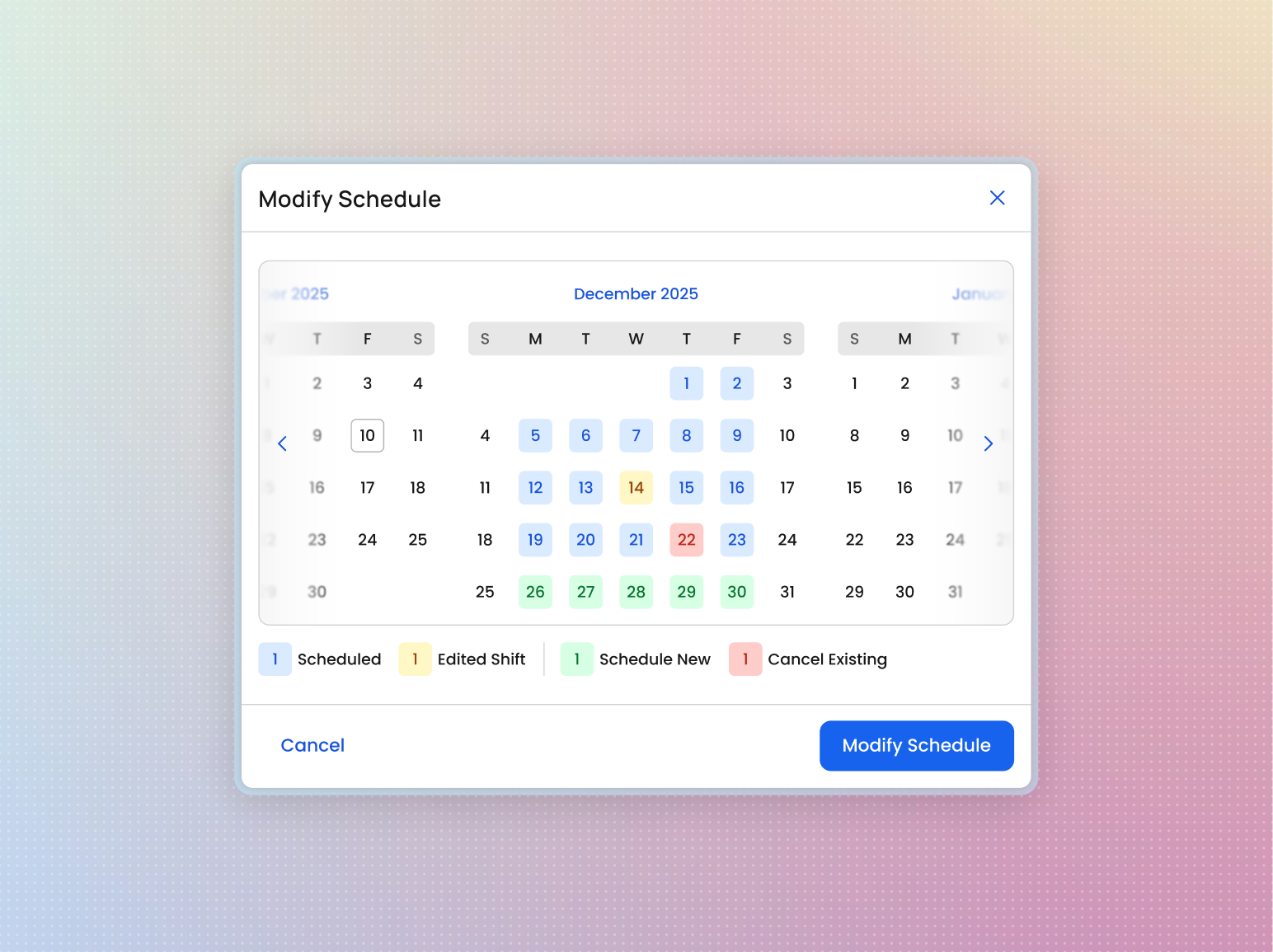 Modify schedule overlay allowing managers to extend shifts by adding new dates or removing existing ones simultaneously