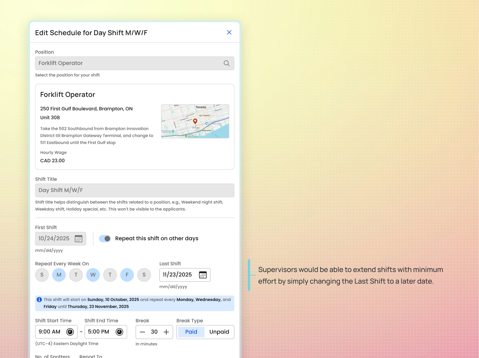 Redesigned edit shift form depicting extending shifts by editing the last shift date.