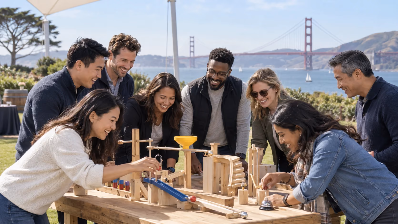 Coworkers collaborating on a team building challenge with the Golden Gate Bridge behind them
