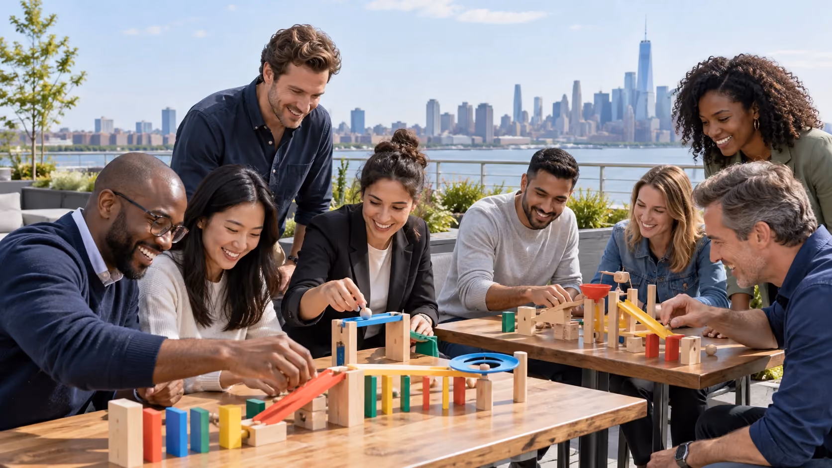 Coworkers collaborating on a team building challenge with the New York City skyline behind them