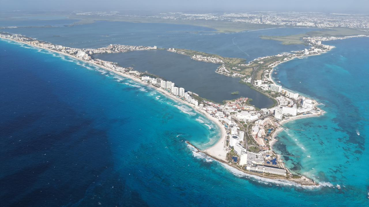 Aerial view of the Cancun Hotel Zone and Caribbean coastline