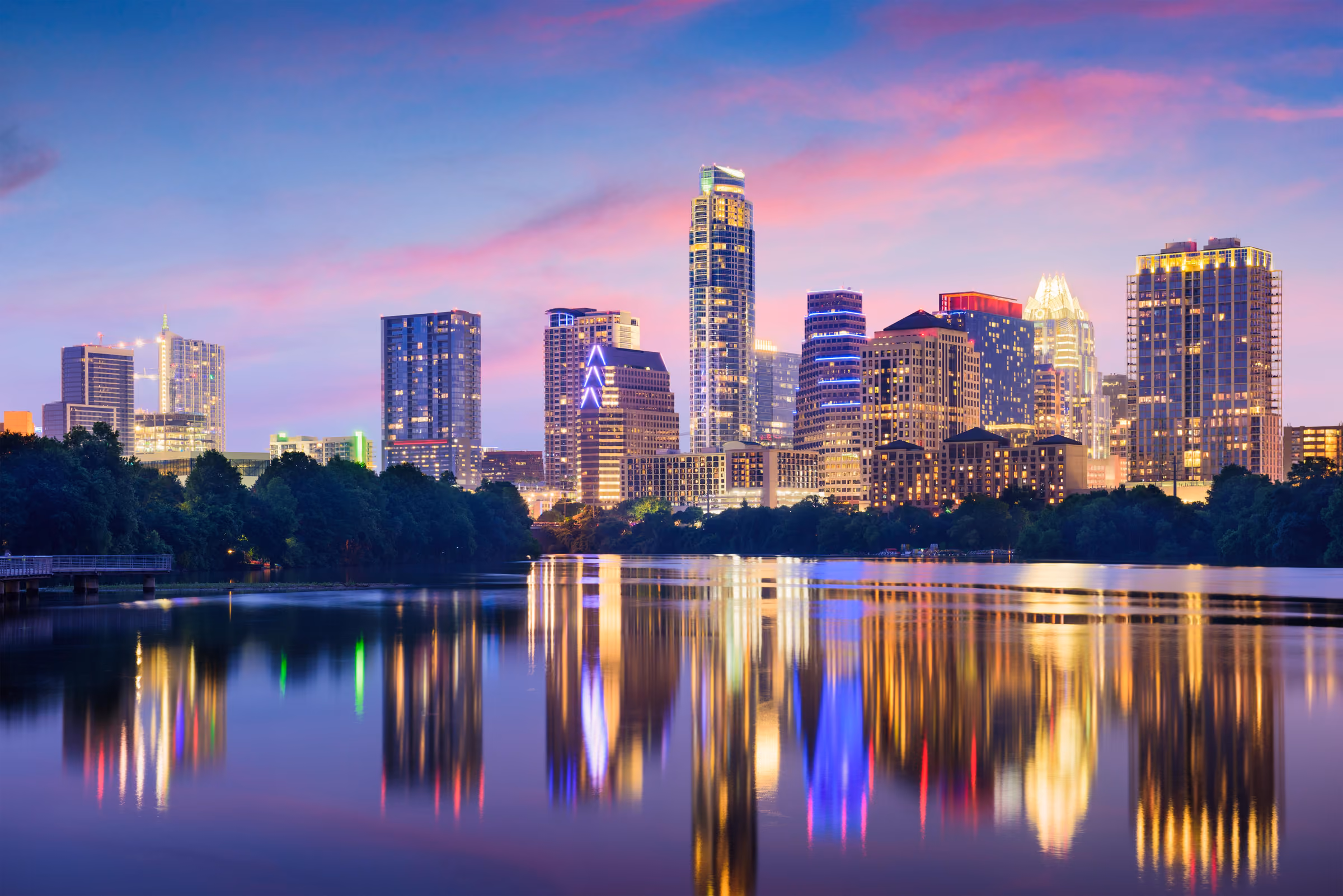 Downtown Austin skyline reflected in Lady Bird Lake