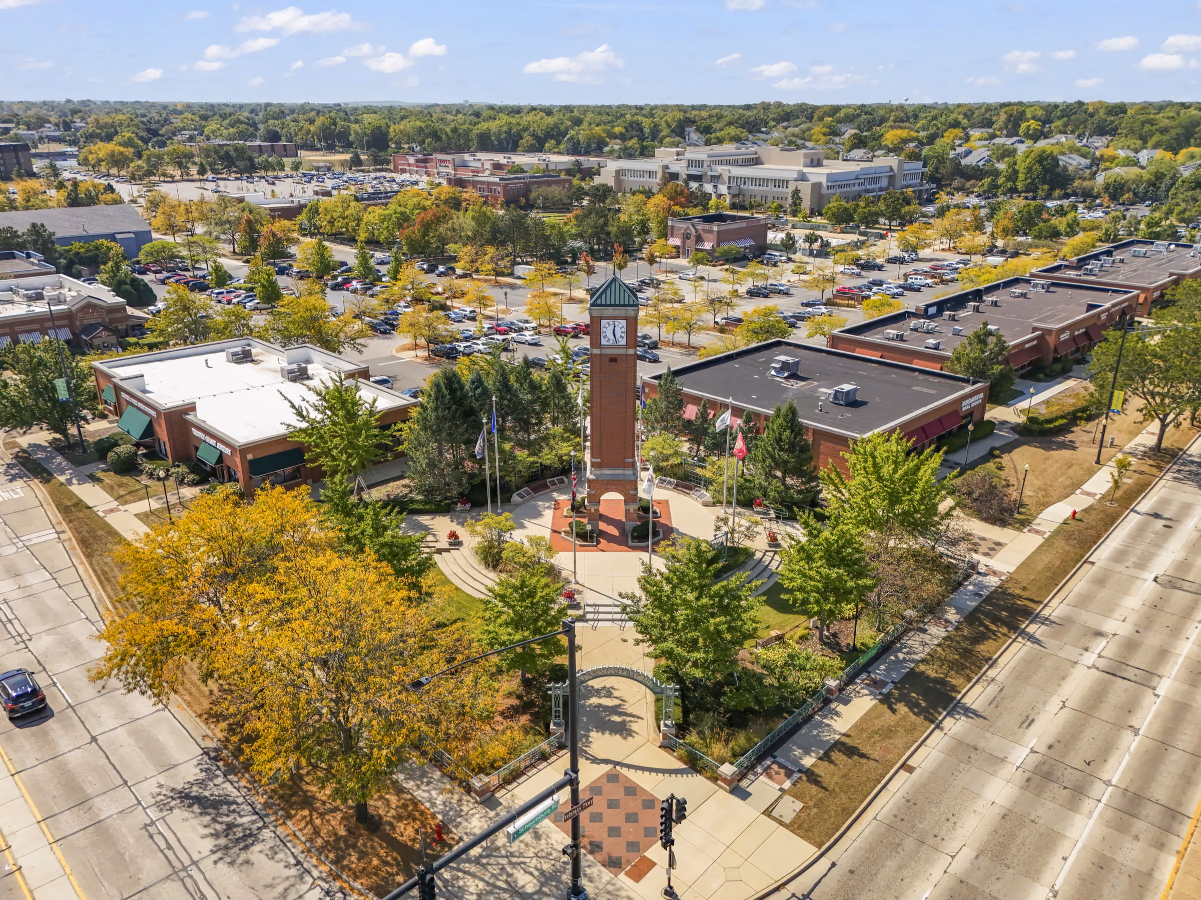 Aerial view of Schaumburg Town Square and its clock tower