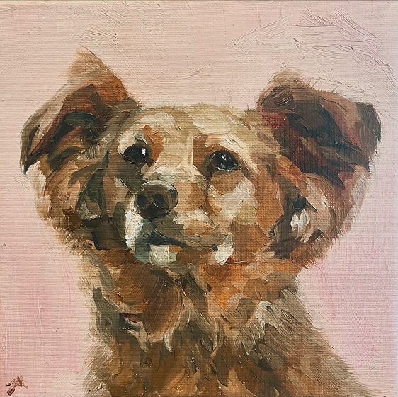 Oil painting of a brow dog