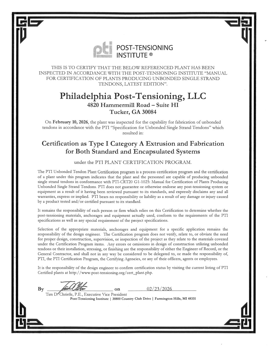 PTI Post-Tensioning Institute certification — Philadelphia Post-Tensioning, Type I Category A facility for unbonded single strand tendons, Standard and Encapsulated Systems