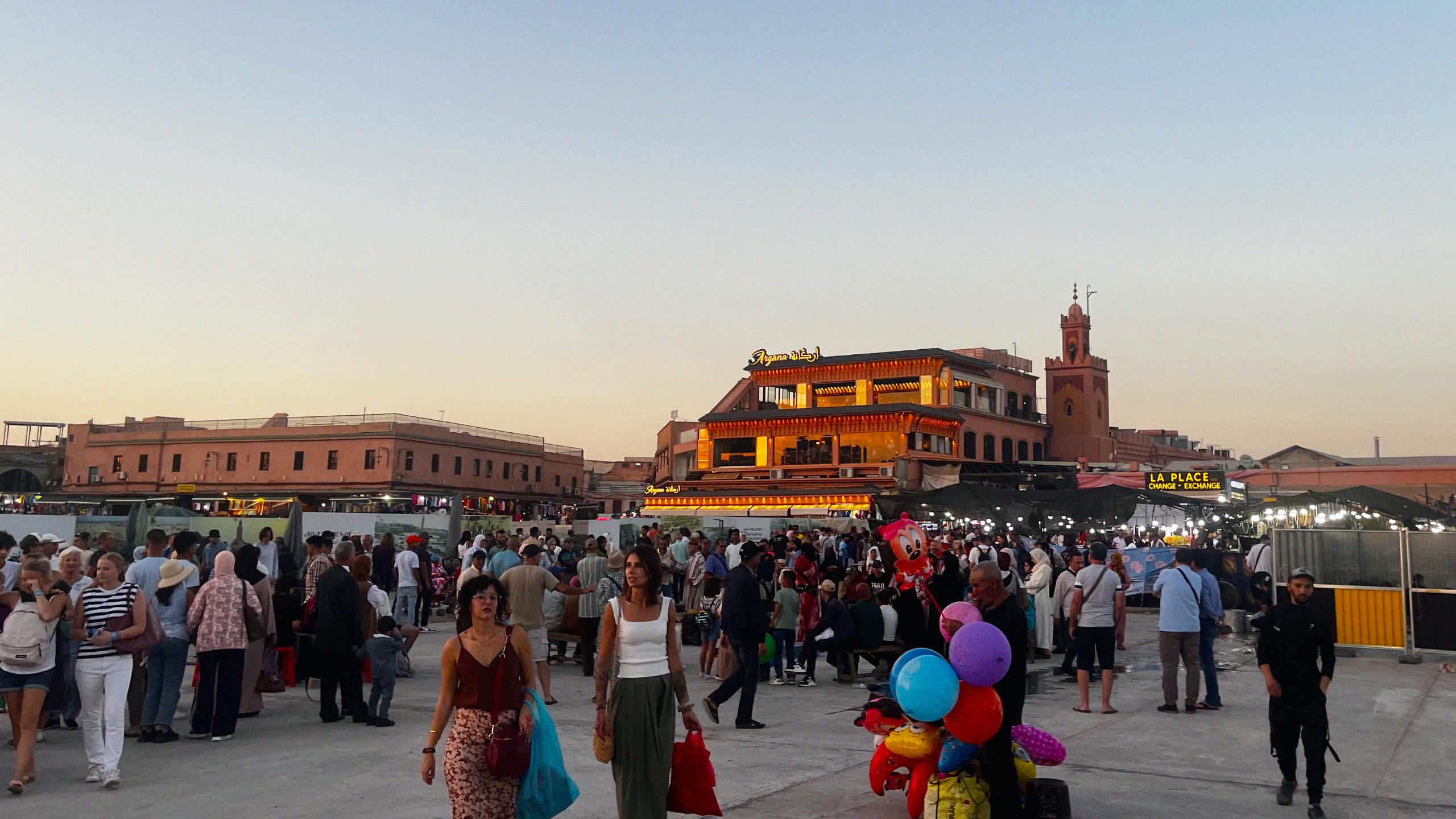 Jemaa el-Fnaa is an enormous square in the heart of the medina, particularly atmospheric at sunset as the light begins to fade. Expect a noisy, hectic scene, with food vendors and traders spread around the space.