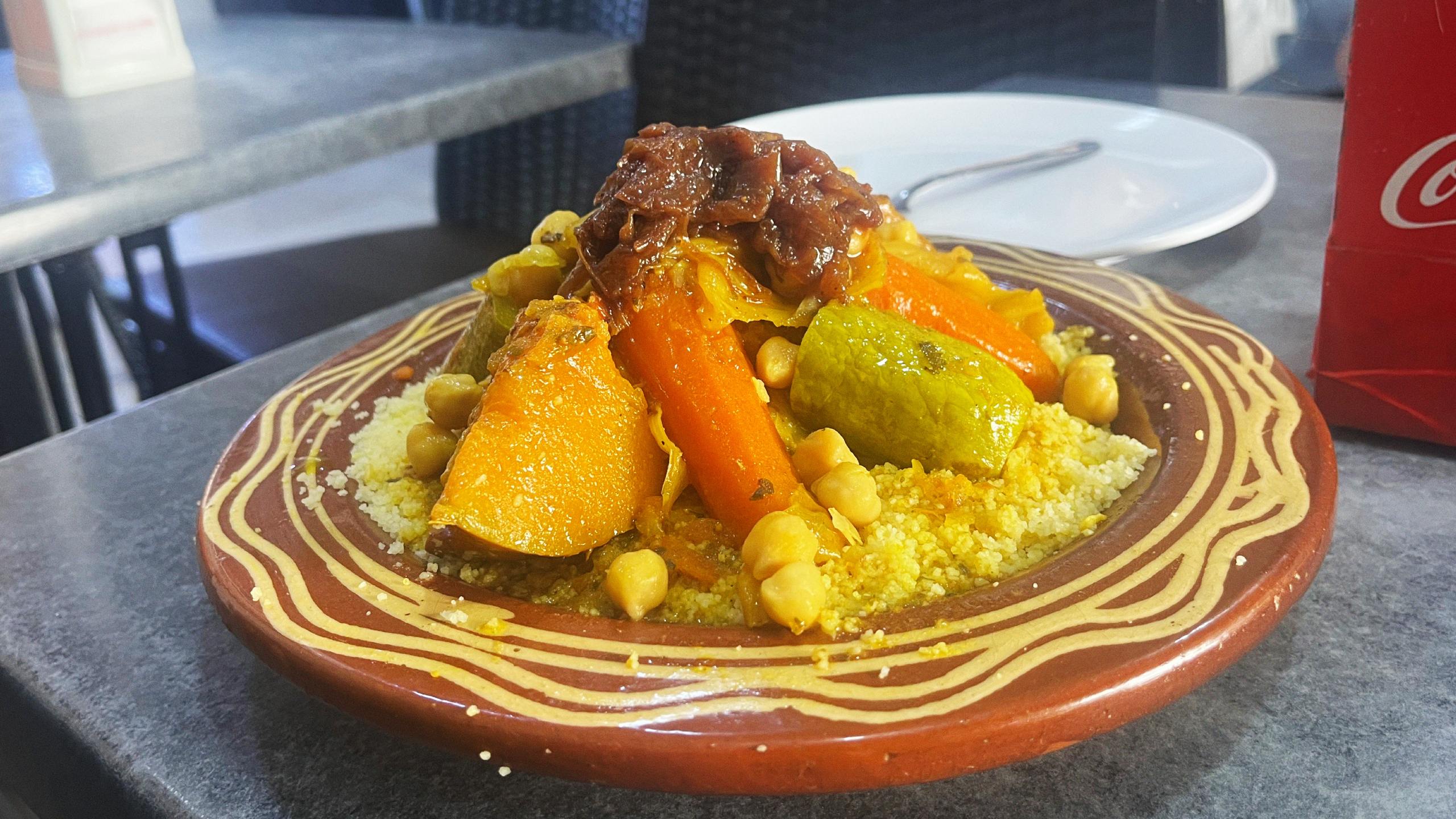 Couscous dishes are particularly popular on Fridays after the prayer service, with the meal signifying a symbolic moment in the week for families to share together. Expect large portions of chicken shielded by vegetables, with a sweet topping of caramelised onions on top.