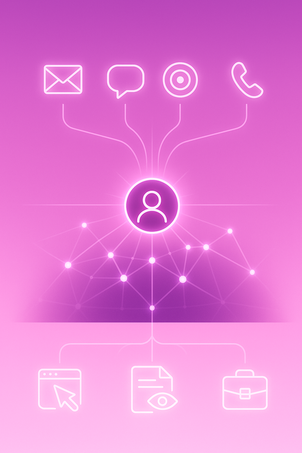 Three-layer diagram of data signals flowing to identity resolution and then to multi-channel activation arrows