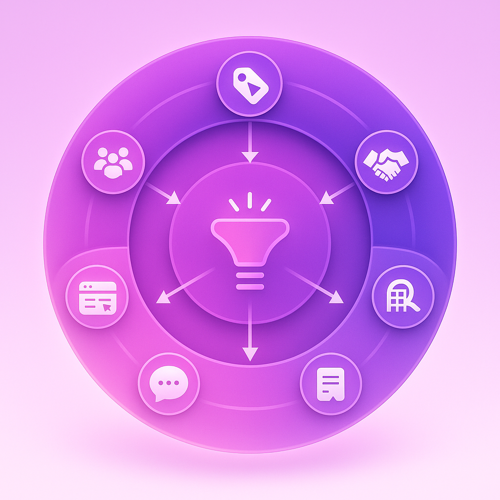 Layered diagram illustrating first-, second-, and third-party data signals flowing into a central marketing engine.