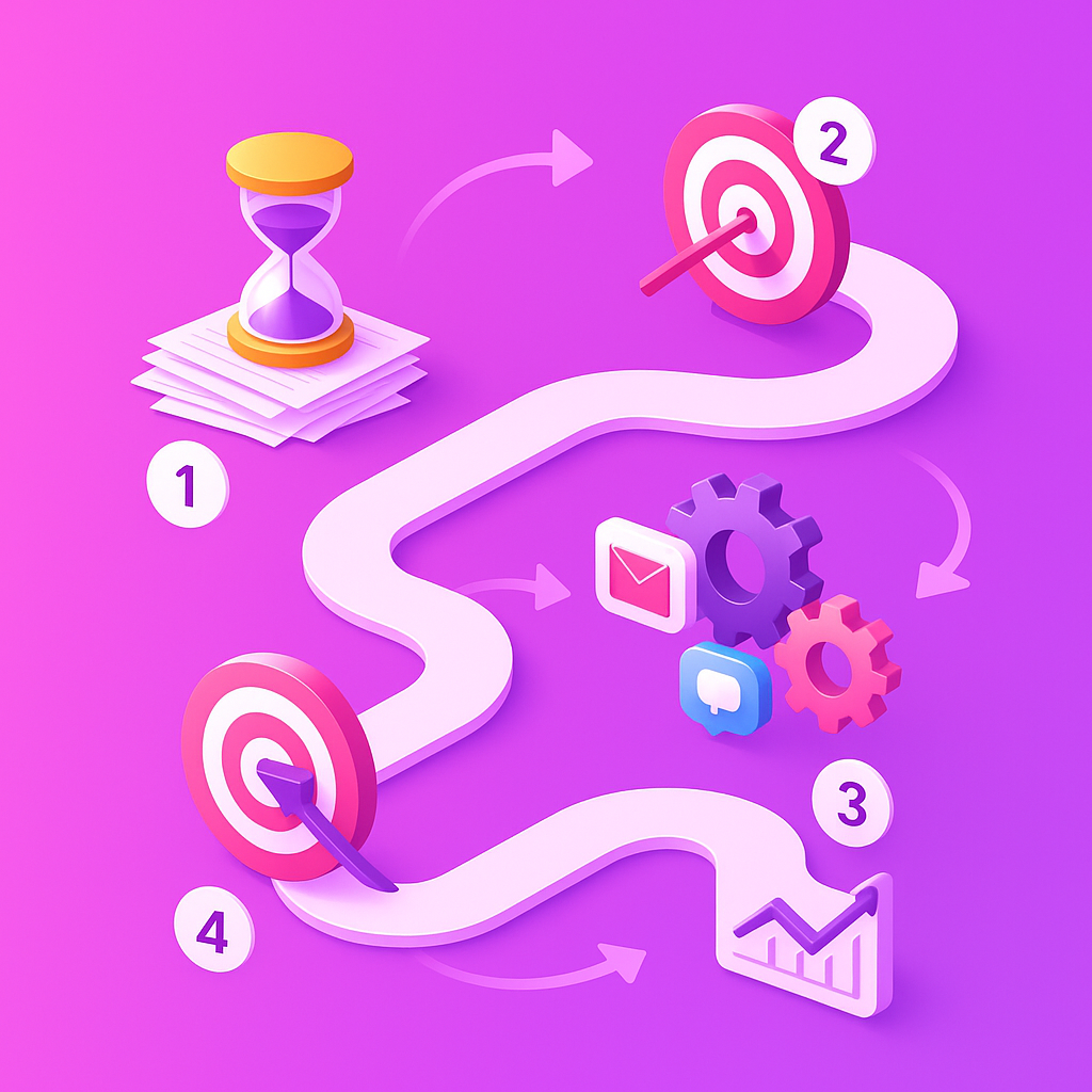 Roadmap diagram depicting four steps from auditing time drains to measuring automated signal workflows