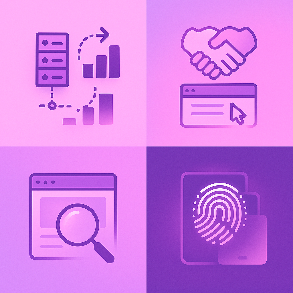 Four-panel visual comparing server-side tracking, first-party data, contextual targeting, and anonymous identifiers