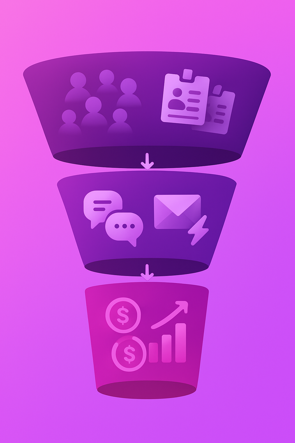 Funnel infographic depicting identification, engagement, and revenue KPI stages for visitor conversion.