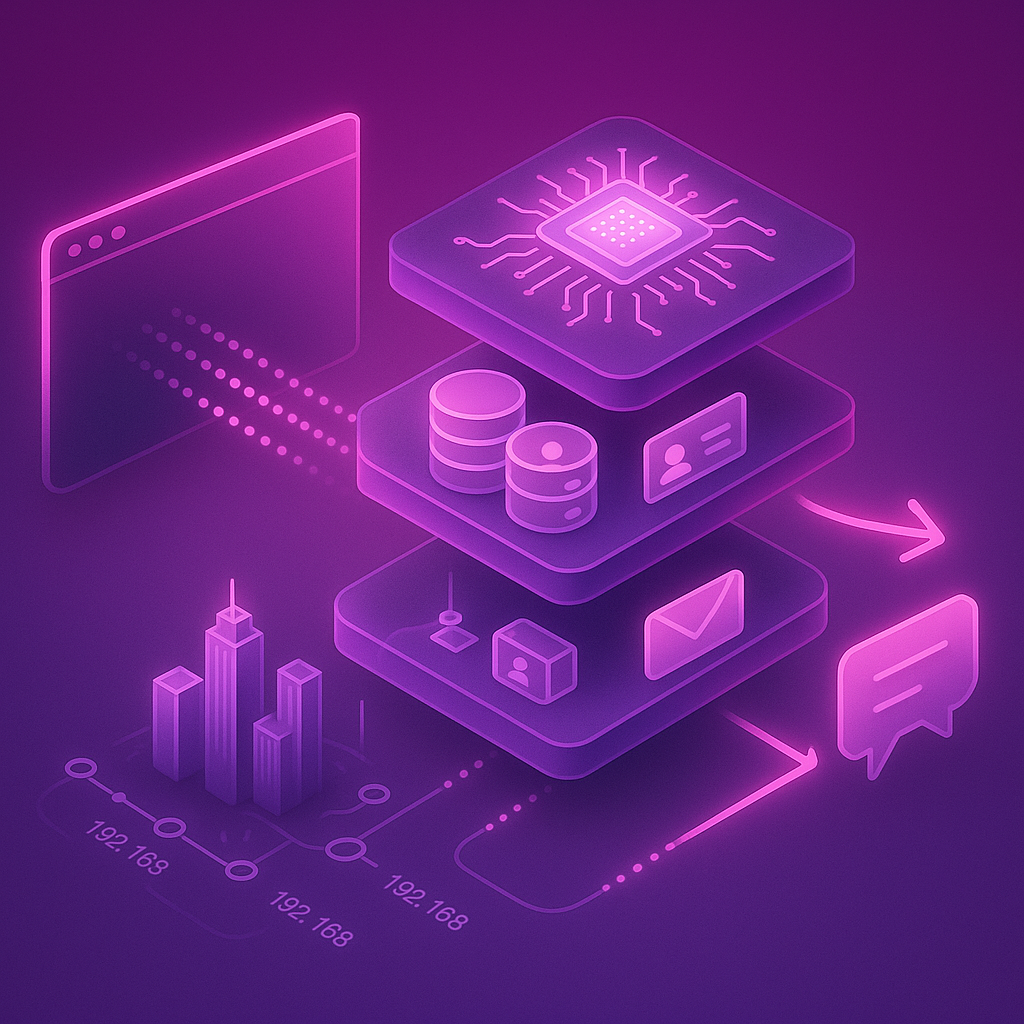 Layered diagram showing IP resolution feeding firmographic enrichment and AI intent analysis for visitor identification.