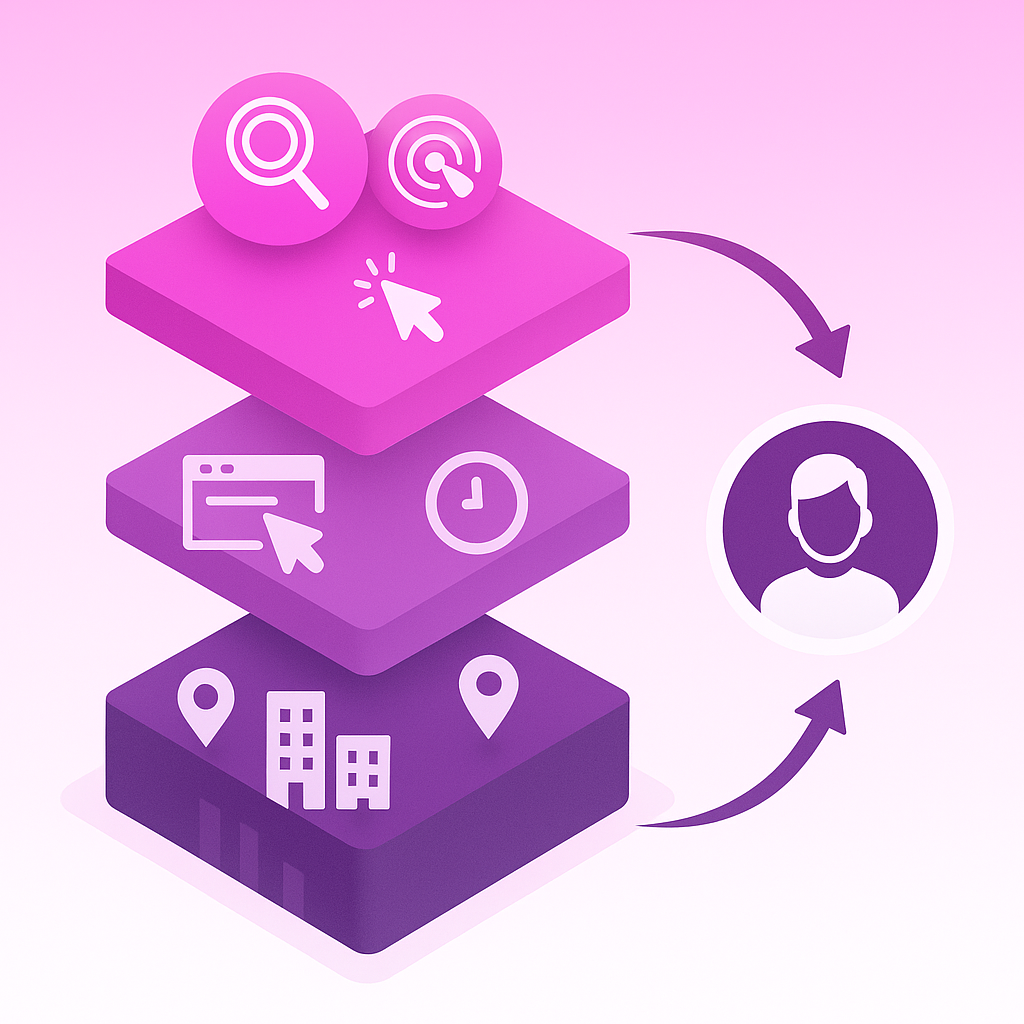 Layered diagram of firmographic, behavioral, and intent data converging into one visitor profile