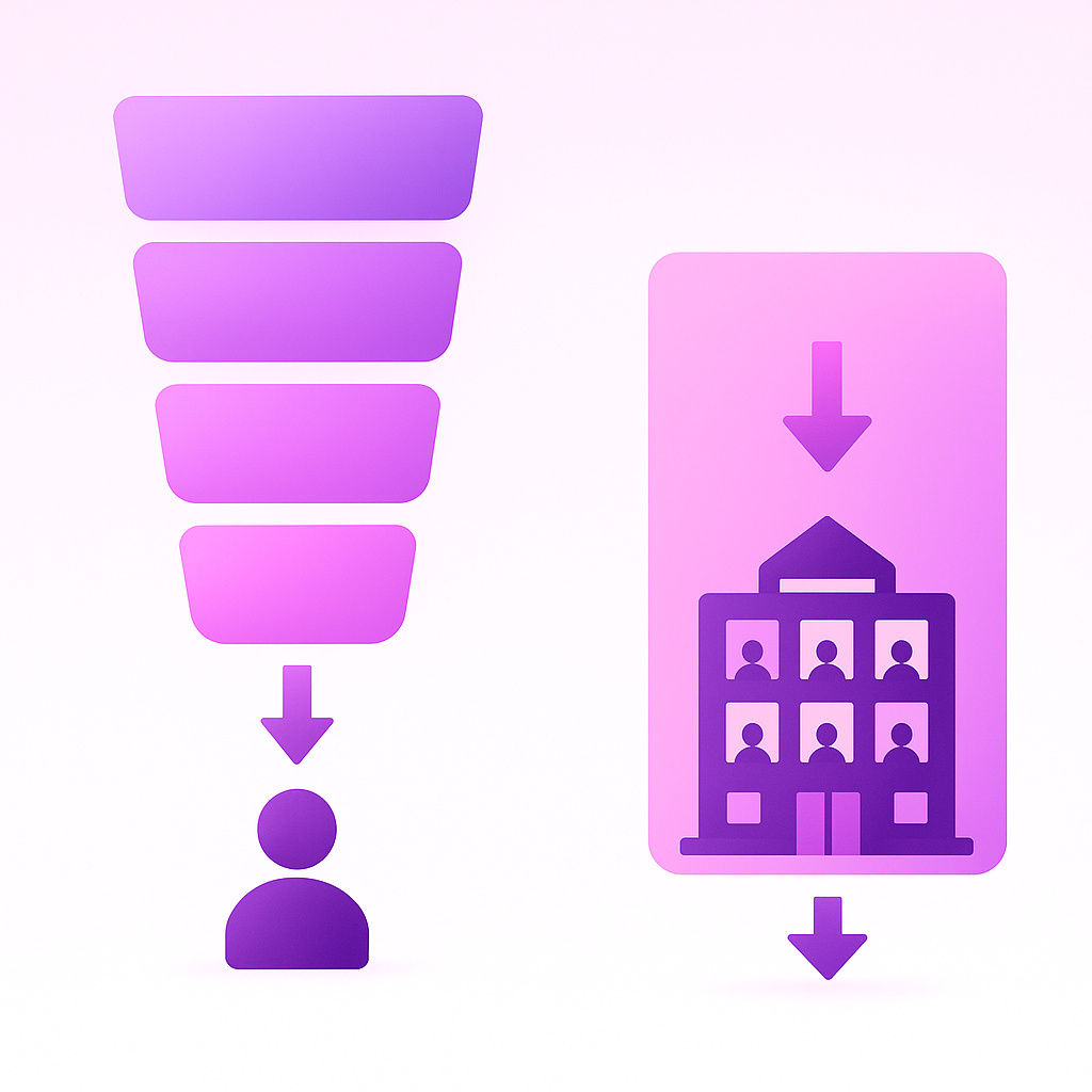 Twin funnels compare multi-source contact identification to single-source company identification approaches.