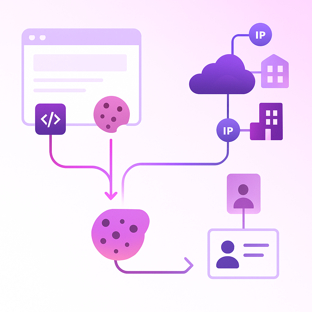 Diagram showing browser cookie creation, IP matching to company database, and sync into HubSpot CRM in real time.
