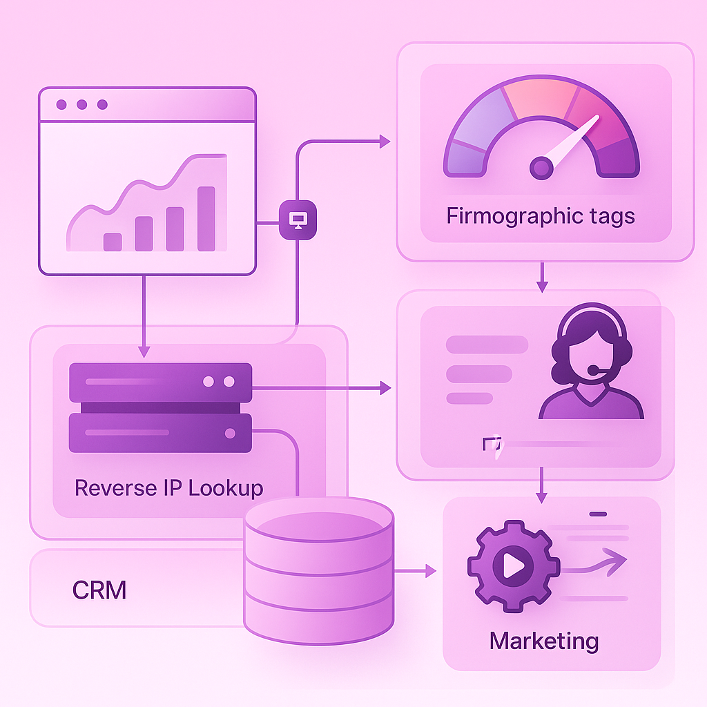 Isometric flow of GA4 data enriched by IP lookup, scored, and routed to CRM for GTM actions