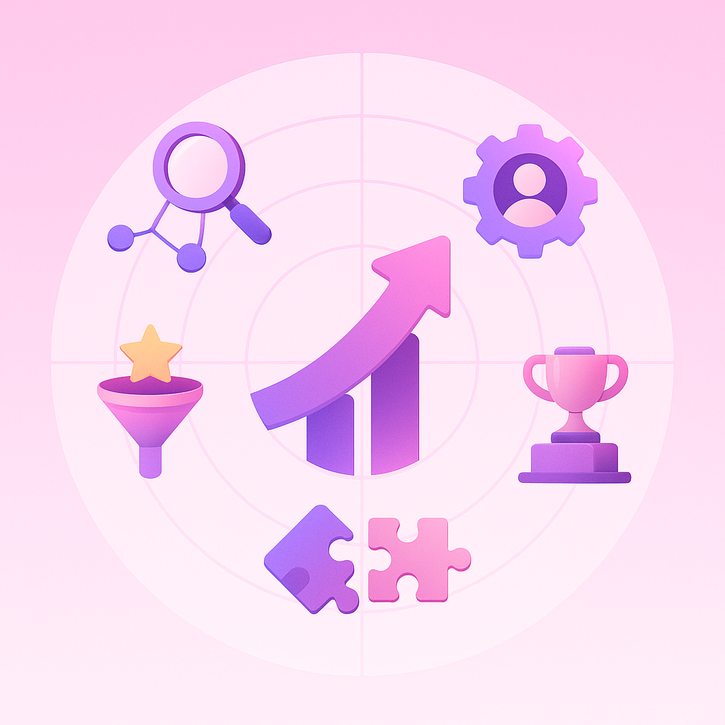 Five-segment diagram showing key evaluation criteria for sales automation AI platforms