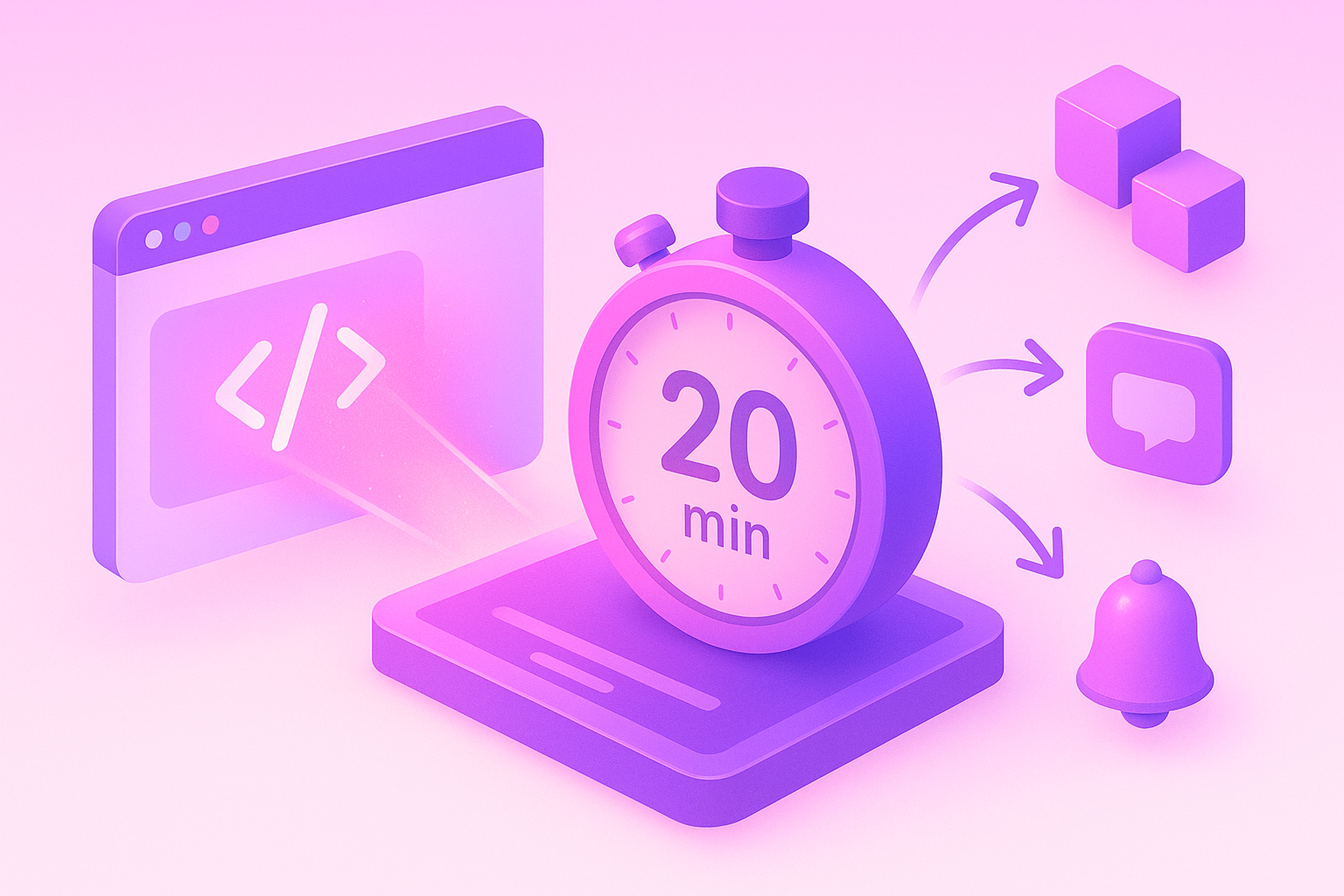 Isometric flow showing 20-minute setup feeding data to varied integrated apps