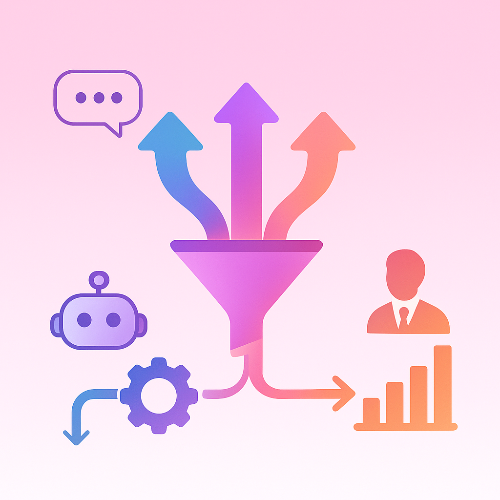 Funnel diagram of chatbot intent recognition routing customer queries to self-service or sales revenue pathways