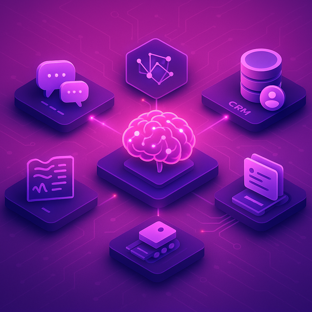 Diagram of customer support chatbot architecture showing NLP, LLM, knowledge base, CRM, and ticketing integration