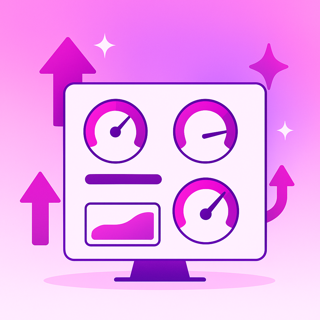 Vector dashboard with gauges and bars representing key chatbot KPIs and performance trends