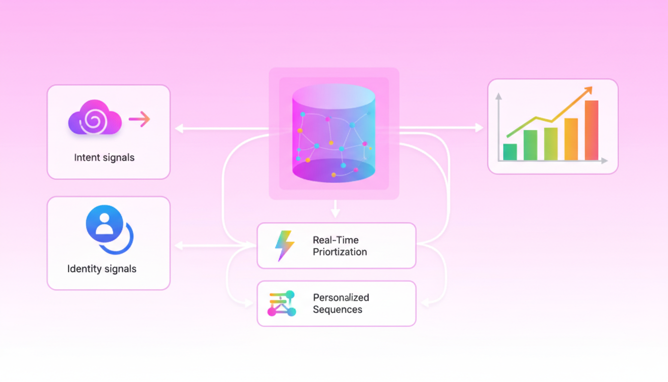Abstract flow showing signals entering a graph, branching to outreach actions, then revenue growth outcome