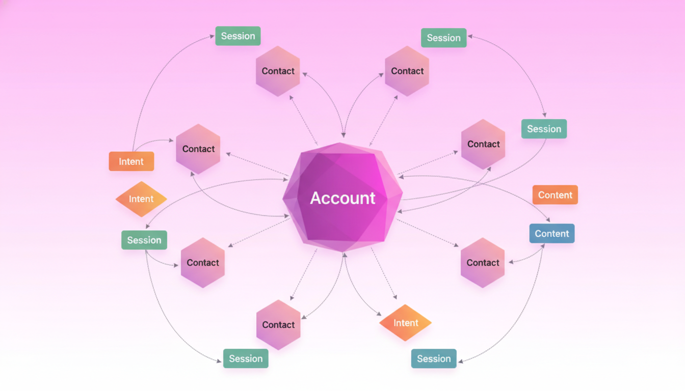 Isometric vector diagram of account, contact, session, intent, and content nodes linked in a context graph