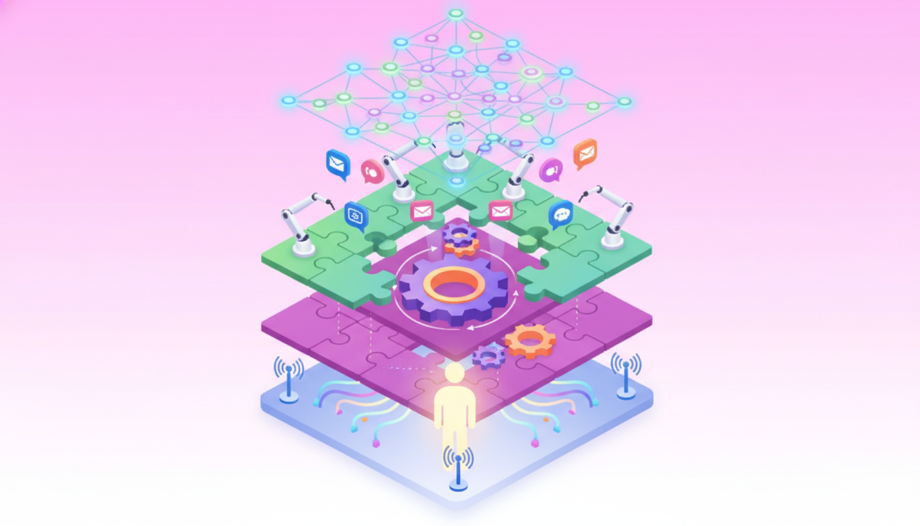 Isometric stack diagram depicting five-layer GTM agent architecture culminating in a context graph