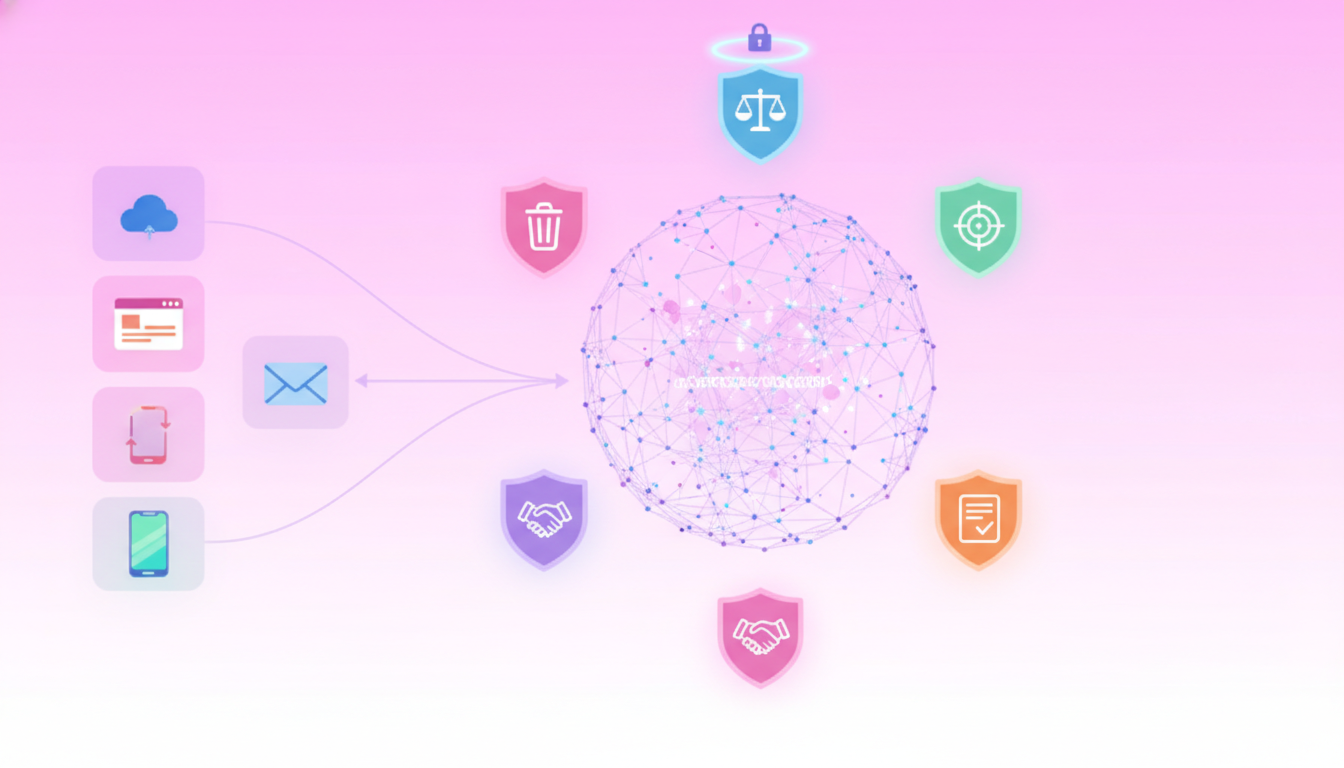 GTM data entering a context graph safeguarded by five compliance shield icons symbolizing privacy guardrails.