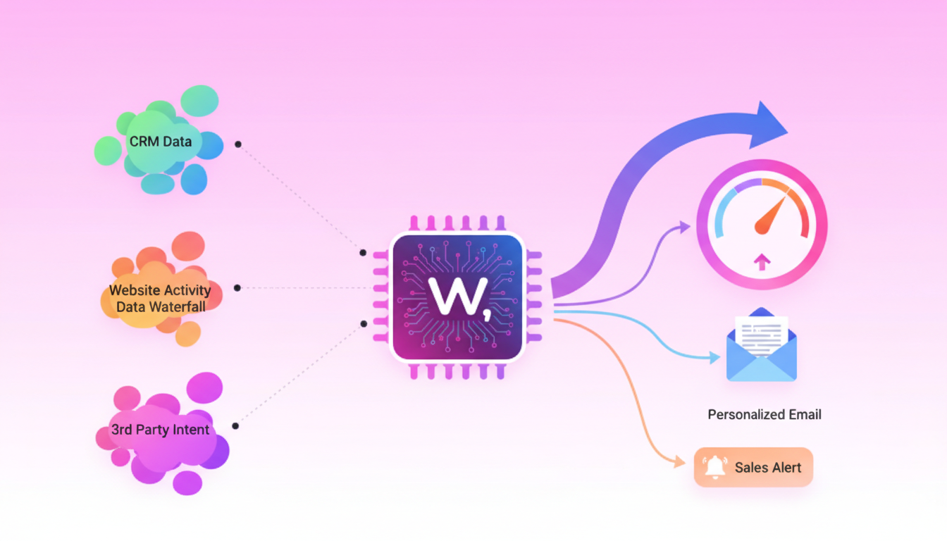 Context data flowing through AI scoring engine to gauge, triggering email and notification outputs.