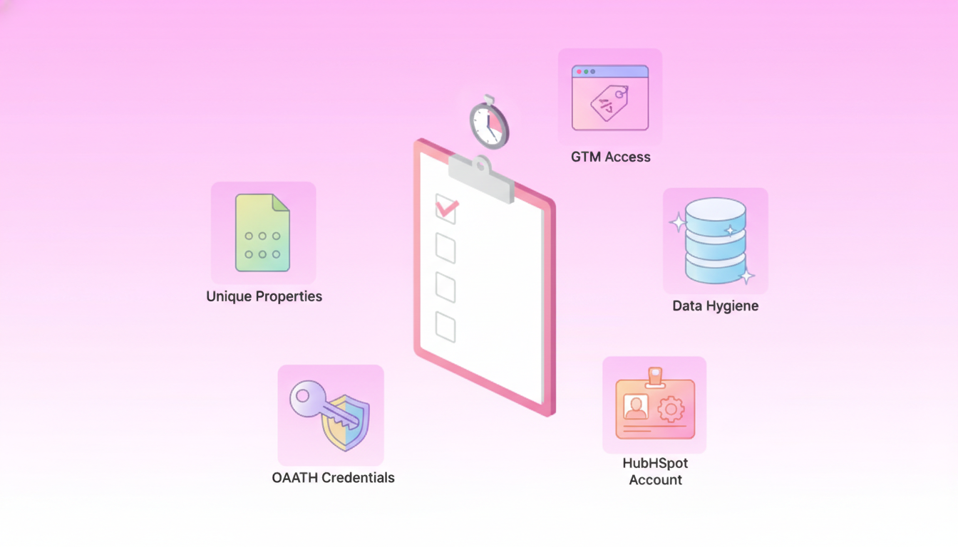 Vector checklist diagram of GTM, clean data, HubSpot account, OAuth key and property limits for integration prep.
