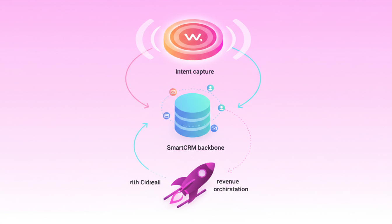 Layered diagram showing bidirectional data flow between Warmly, HubSpot, and Outreach platforms