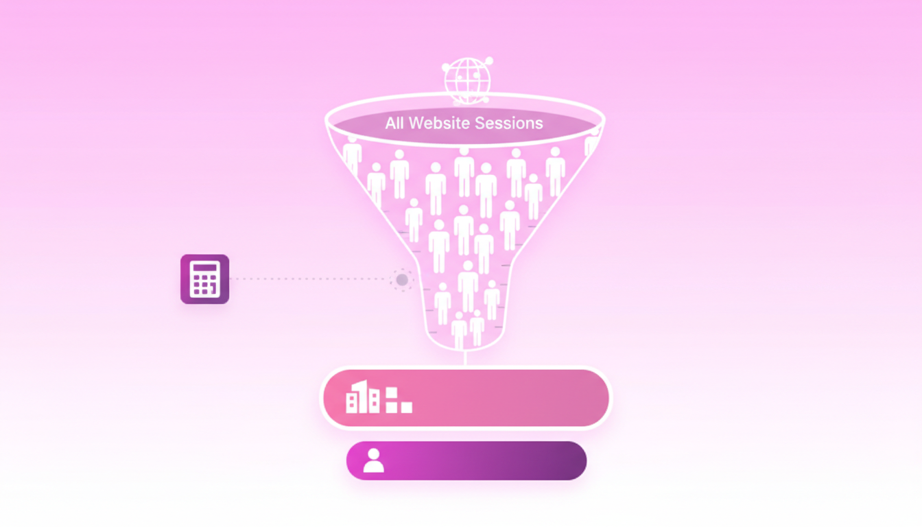 Abstract funnel diagram depicting match rate calculation from all sessions to company and person matches