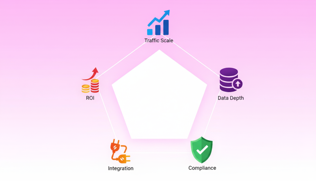 Pentagon infographic with five icons representing traffic scale, data depth, compliance, integrations, and ROI