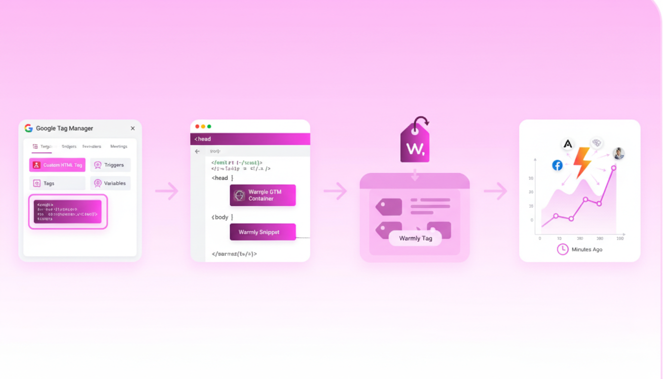 Flow diagram showing copy GTM code, paste on site, add Warmly tag, then real-time visitor data graph.