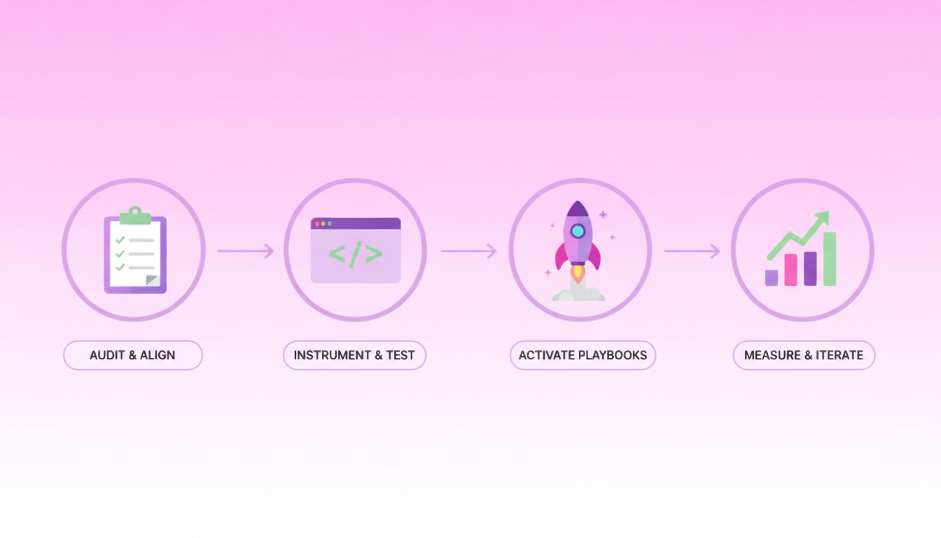 Four-stage timeline illustrating audit, implementation, activation, and measurement phases for a 30-day rollout