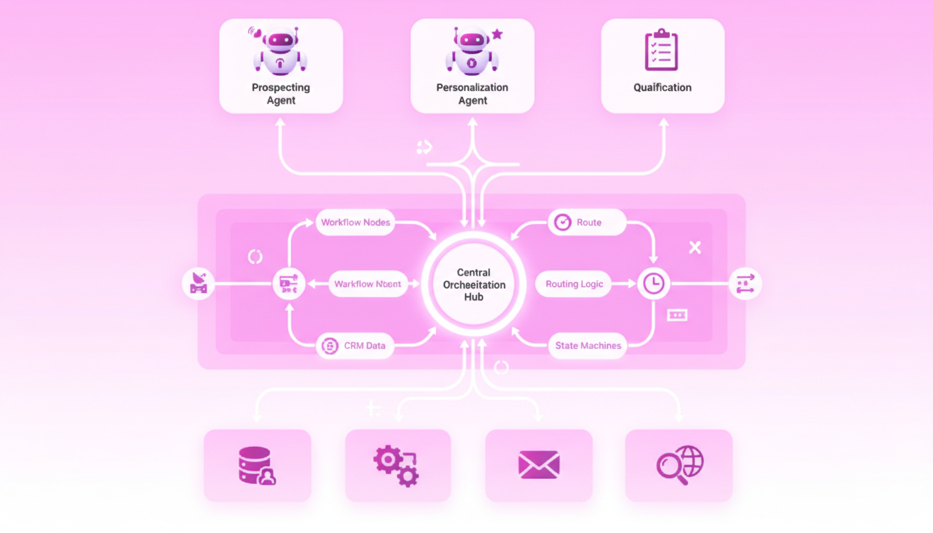 Three-layer architecture diagram of agent, orchestration, and integration layers in a GTM agent harness