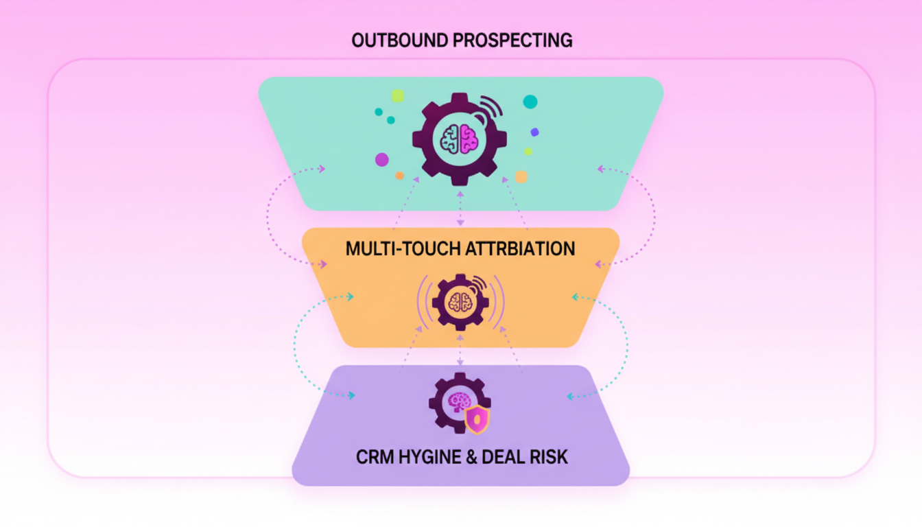 Funnel graphic showing AI agents coordinating prospecting, attribution, and CRM hygiene across the revenue journey