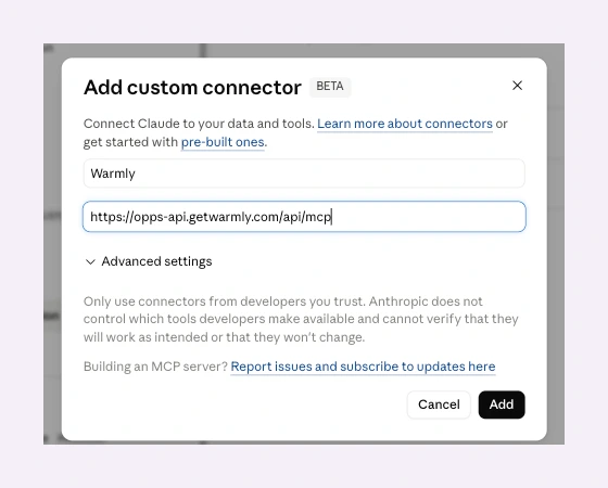 Claude Desktop Add custom connector dialog with Warmly entered as the name and the MCP endpoint URL