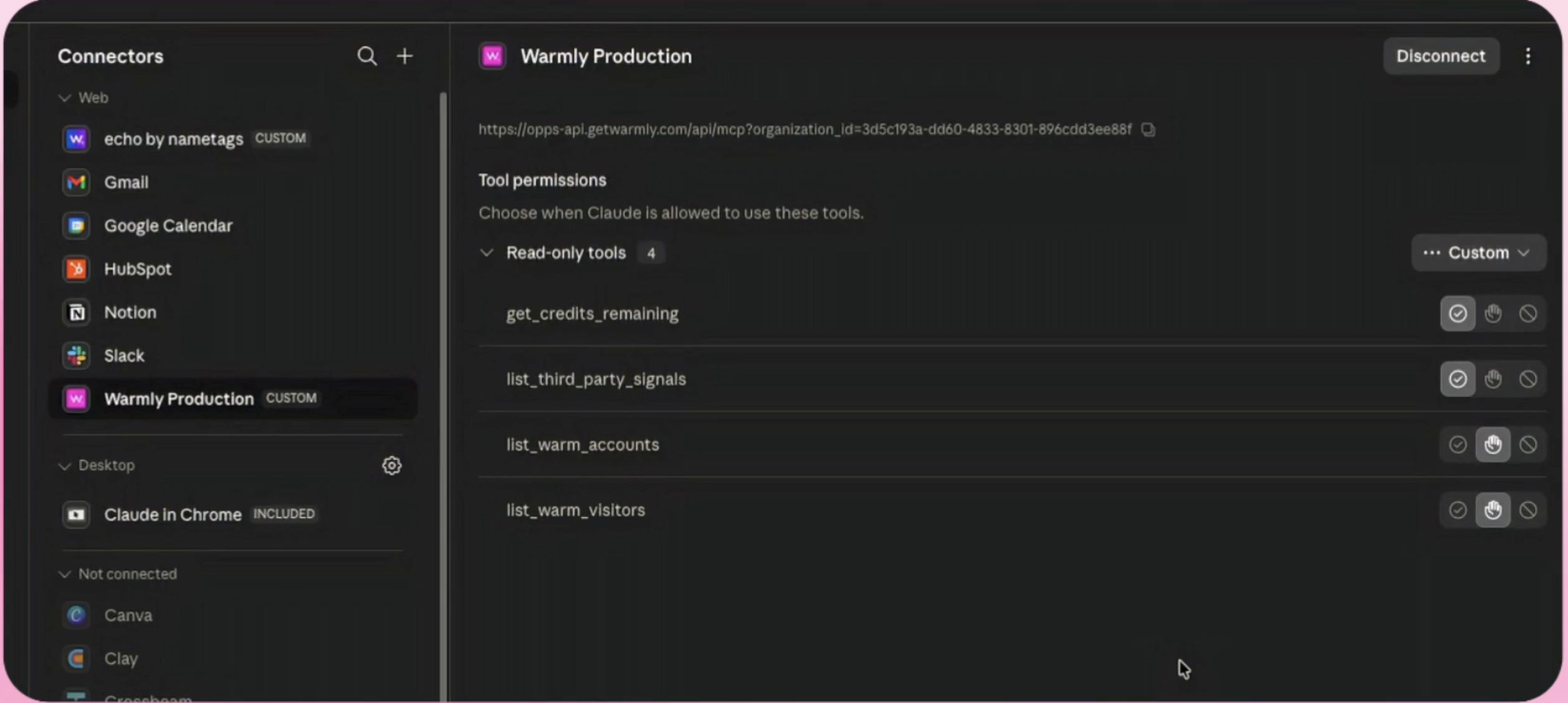 Claude Connectors panel showing Warmly Production connected with get_credits_remaining, list_third_party_signals, list_warm_accounts, list_warm_visitors